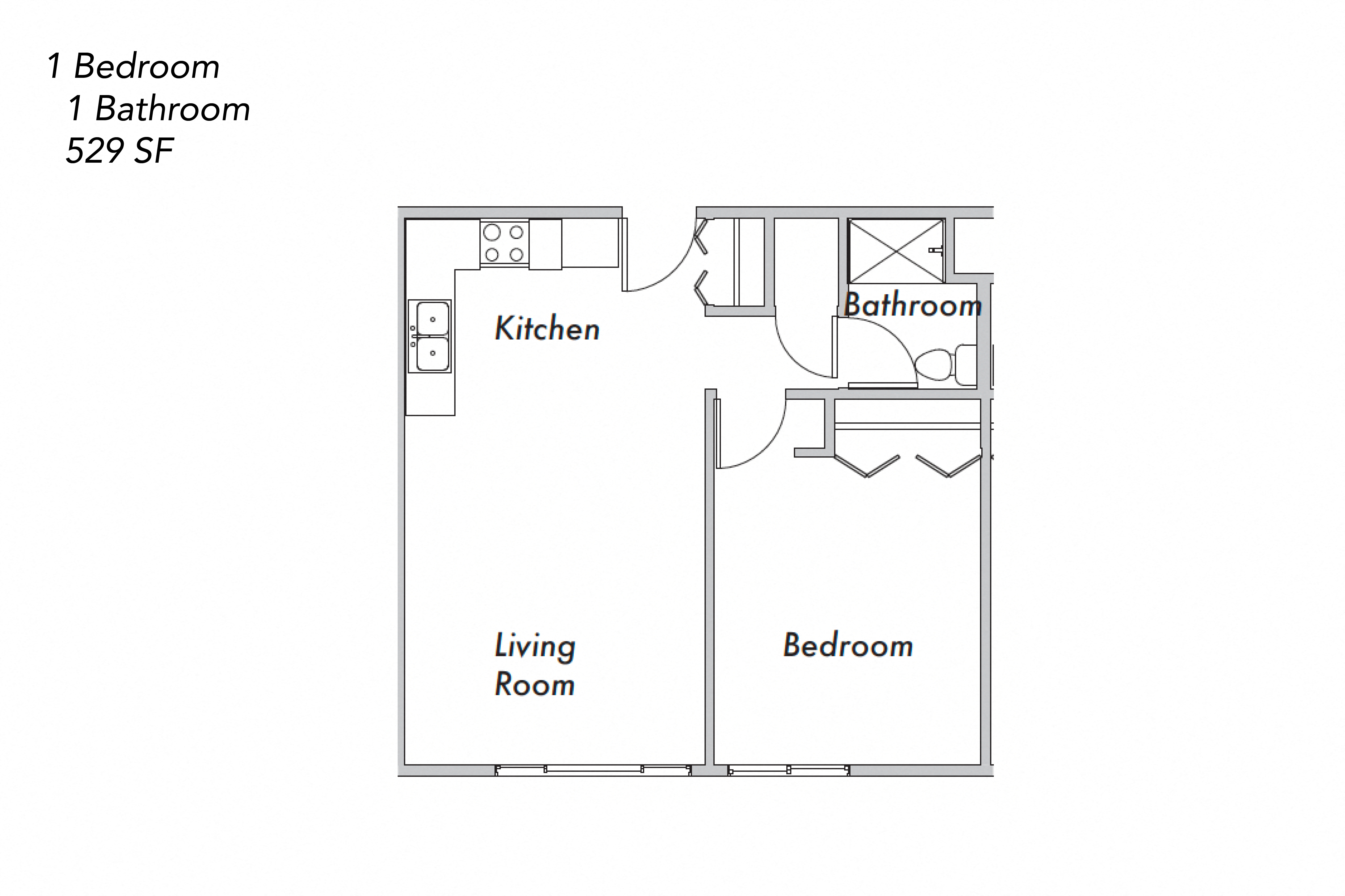 Floor plan for 1 bed, 1 bath, 529 sqft